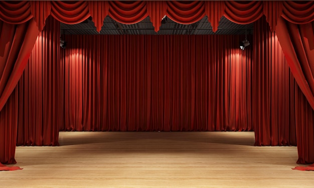 3d rendering Red curtain and a spotlight. festival night show poster