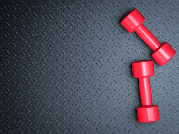 3d rendering red dumbbells on black yoga mat