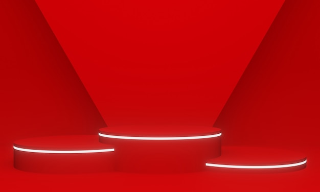 3D rendering. Red geometric podium with white neon light.