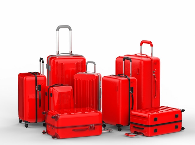 3d rendering red hard case luggages on white background