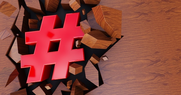 Rendering 3d dell'icona hashtag rossa su sfondo incrinato, hashtag rosso su sfondo di legno