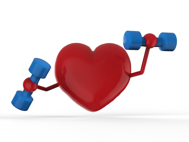 3d rendering red heart holding dumbbells on white background