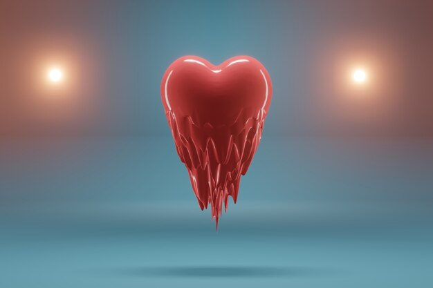 3D rendering Red heart is flying and melts from love on a blue background.