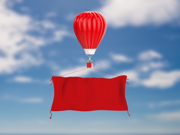 3d rendering red hot air balloon with red cloth banner