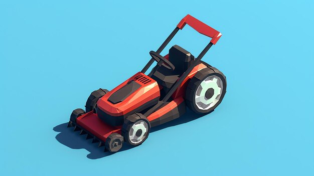 3D rendering of a red lawn mower on a blue background The lawn mower has a black seat and black wheels