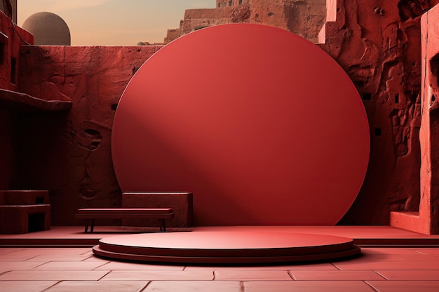 3d rendering of a red podium for product display in the ancient ruins