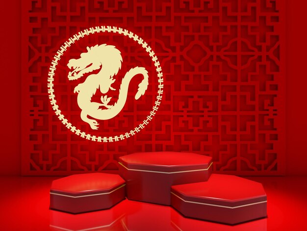 3d rendering of red podium stage for product and showcase presentation Chinese New Year display concept