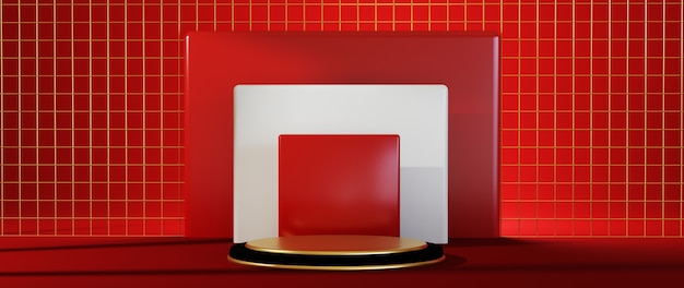 3D rendering red stage geometry with gold. Product presentation blank podium.