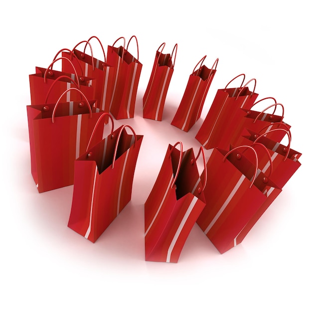 3D rendering of red striped shopping bags forming a circle against a white background