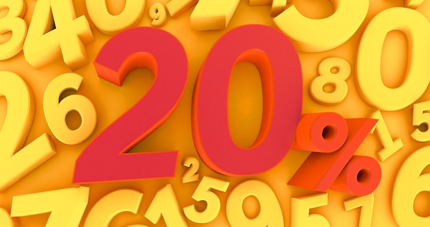 3D rendering of a red twenty percent on a yellow background with numbers. Sale of special offers. Discount with the price is 20%.