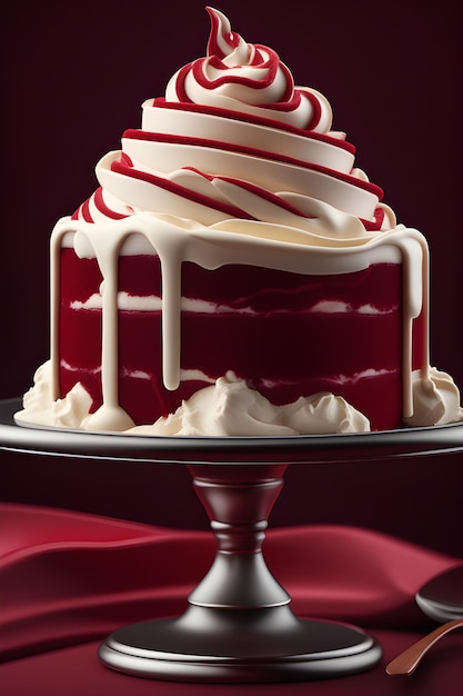 3d rendering of a red velvet cake with white frosting on a metal stand