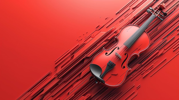 Photo 3d rendering of a red violin placed on a red textured background with a gradient of red