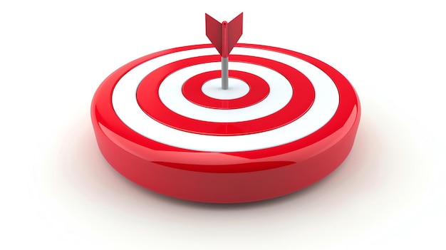 3D rendering of a red and white target with an arrow hitting the bullseye The target is on a white background