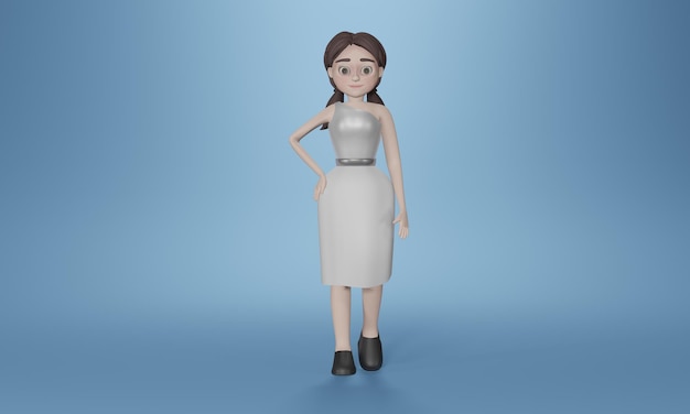 3D 렌더링 빨간 머리 여자 서 있는 포즈 캐주얼 여성 만화 캐릭터 웃는 소녀 플랫 포즈