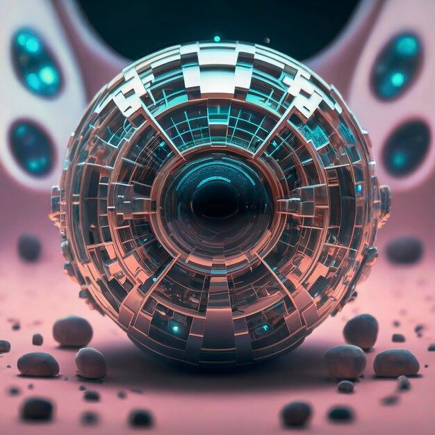 Foto rendering 3d di una palla riflettente di energia paesaggio spaziale futuristico astratto