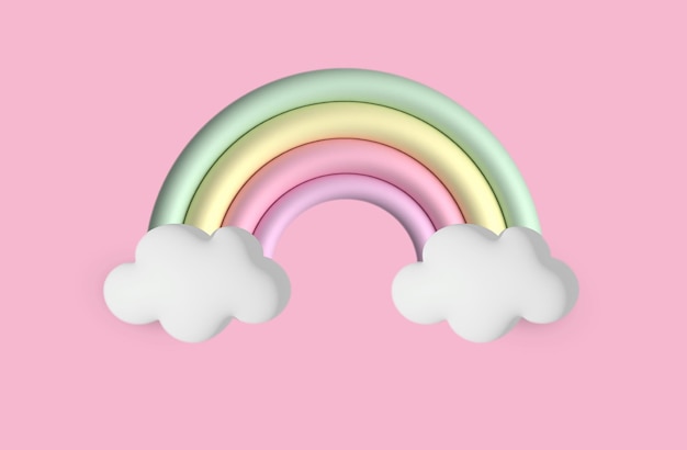 3D-rendering regenboog hemel met wolken op roze achtergrond