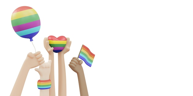 3D-rendering regenboog pictogram hart ballon vlag en pols verbod met ruimte voor concept van ondersteuning voor LGBTQ gemeenschap trots parade maand geïsoleerd op een witte achtergrond 3D Render illustratie cartoon stijl