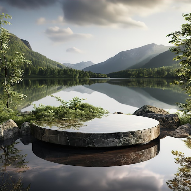 3D rendering regenseizoen scène en Long steen podium op het meer met grasveld door ai gegenereerd