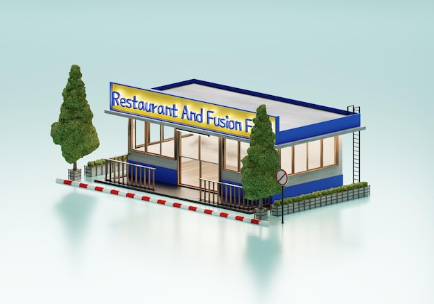 Photo 3d rendering restaurant and fusion food in isometric exterior background