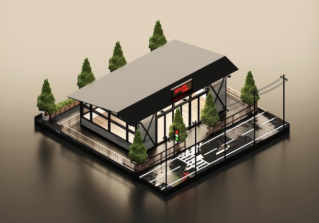 3D-rendering Restaurant isometrische weergave exterieur achtergrond