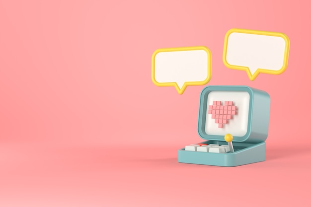 3d rendering of retro computer and heart pixel.
