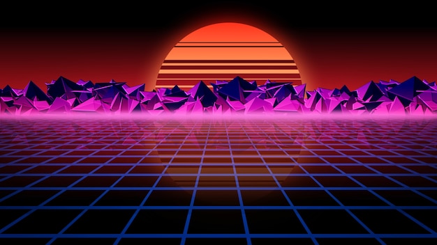 3D rendering retro futuristic background Virtual space on the background of stars and rocks