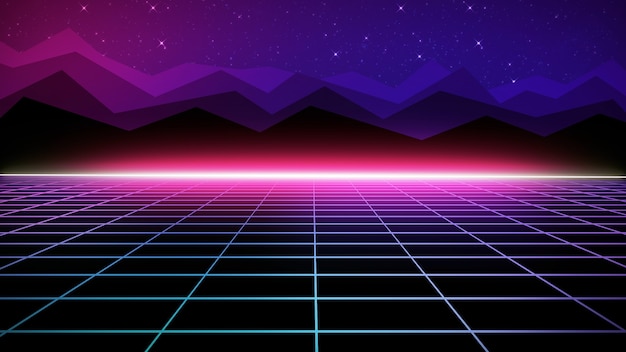 グリッド80年代のグラフィックデザインレトロファンタジーでレトロな未来的な明るい背景をレンダリングする3D