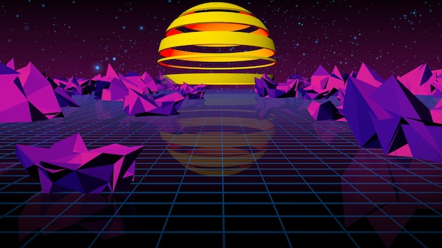 3D rendering retro futuristic bright background with a grid 80s graphic design retro fantasy