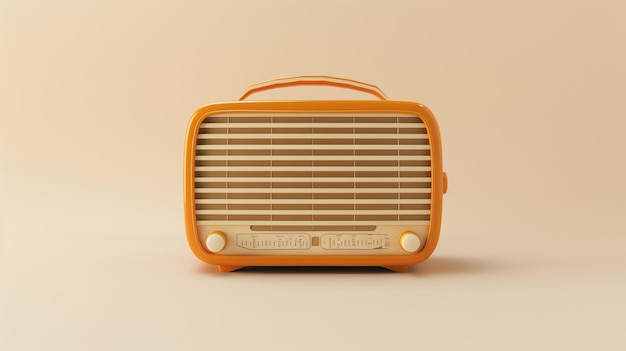 A 3D rendering of a retro radio The radio is orange and has a handle on top The front of the radio has a speaker and two knobs