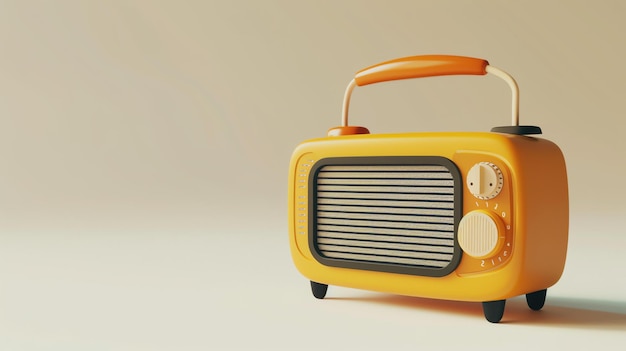 A 3D rendering of a retro radio with a yellow body and orange handle The radio has a speaker grill on the front and a tuning dial on the right side