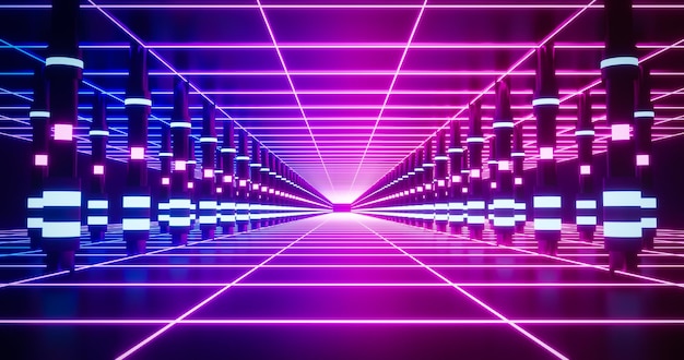 3d rendering retro scifi background with blue and pink neon wireframe floor and glowing pillar