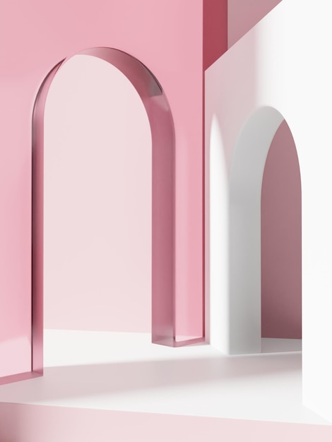 3D Rendering Retro Studio Shot Product Display Background with Transparent Pink Acrylic Arch