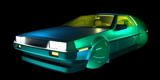 3d rendering of a retrofuturistic 1980's floating car hovercar isolated on black neon lighting