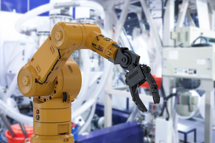 Photo 工場での3dレンダリングロボットアームまたはロボットハンド