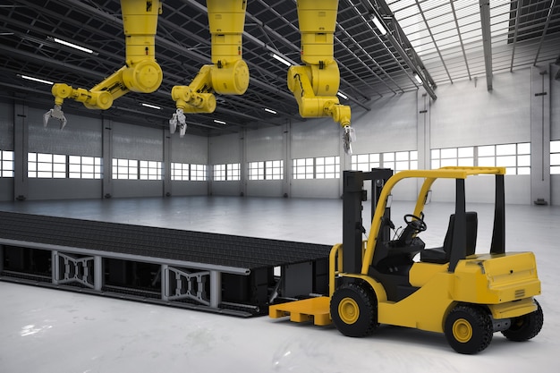 3d rendering robot arm with forklift truck and conveyor belt