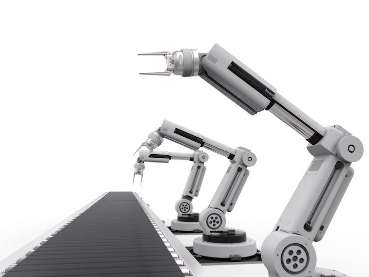 Photo コンベアラインを備えた3dレンダリングロボットアーム
