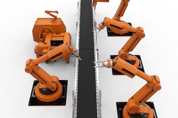 コンベアラインを備えた3Dレンダリングロボットアーム