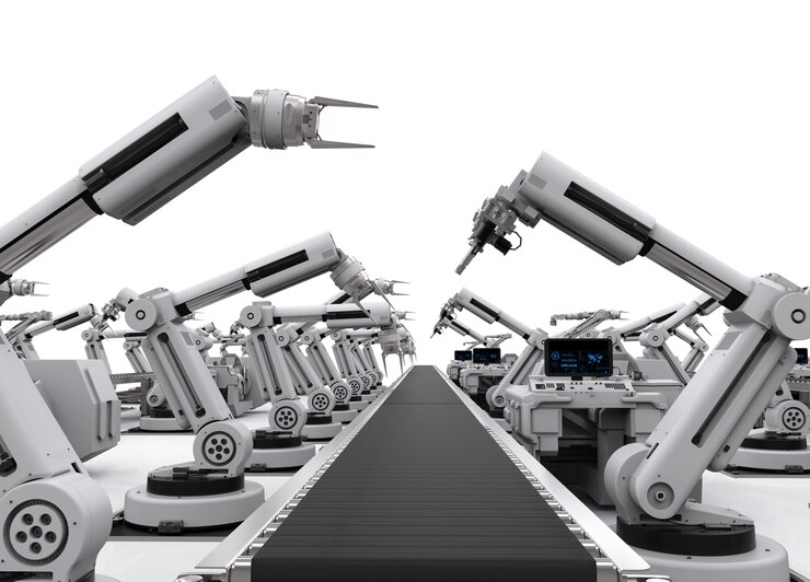 コンベアラインを備えた3Dレンダリングロボットアーム