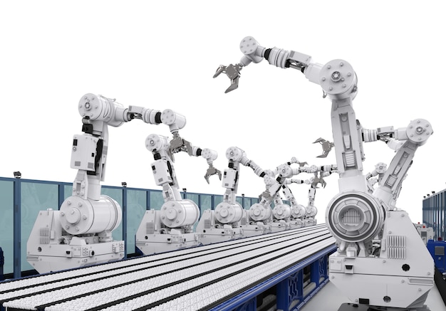 3d rendering robot arms with conveyor line