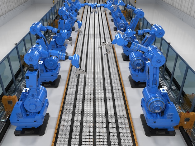 3d rendering robot arms with conveyor line
