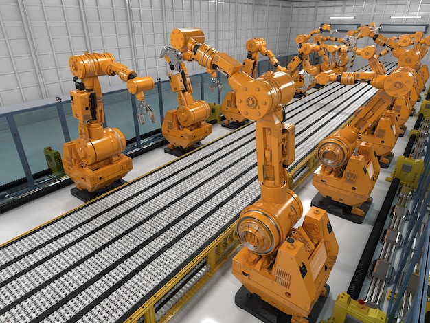 3d rendering robot arms with conveyor line