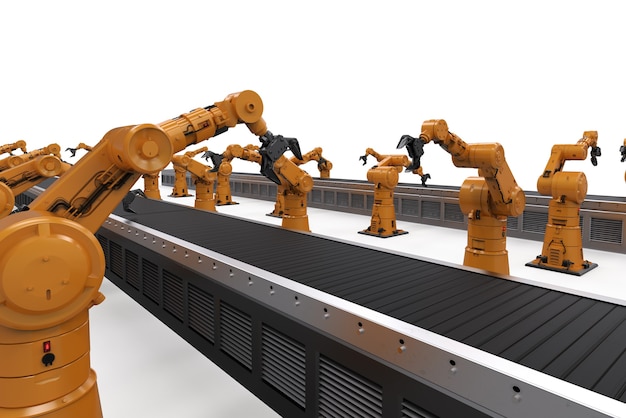 3d rendering robot arms with conveyor line