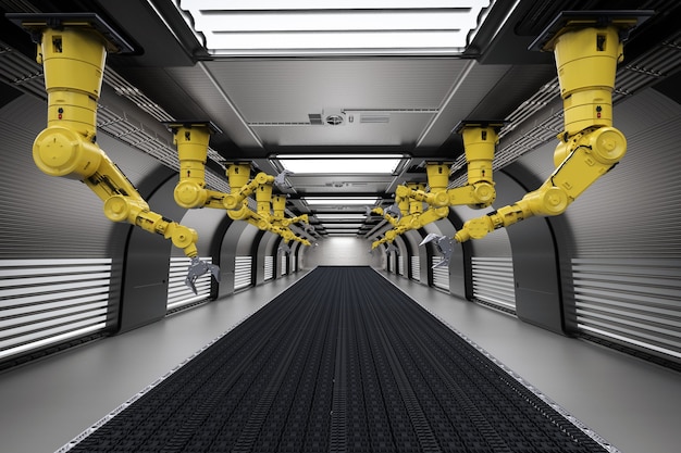 3d rendering robot arms with conveyor line