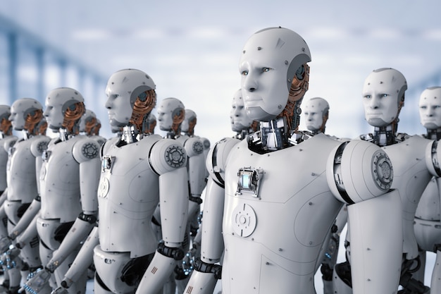 3d rendering robot army or group of cyborgs in factory