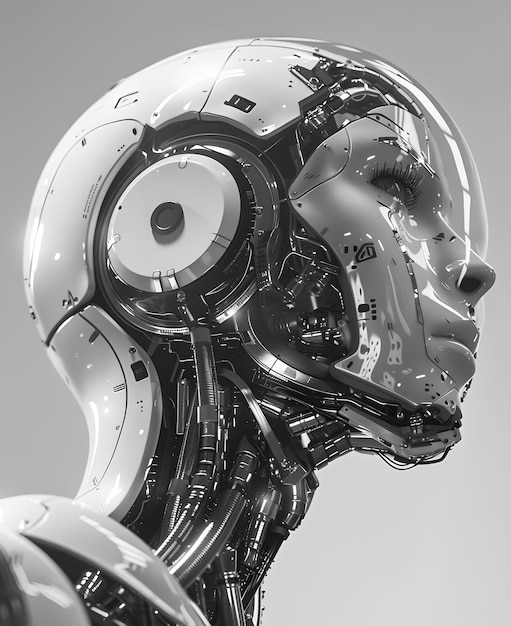 3d rendering robot artificial intelligence cyborg head isolated on gray background
