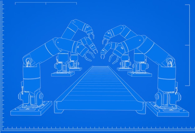 3d rendering robot assembly line blueprint with scale on blue\
background