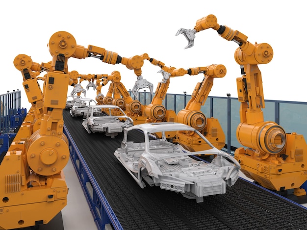 自動車工場の3Dレンダリングロボット組立ライン