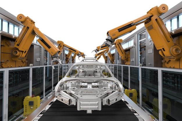 3d rendering catena di montaggio del robot nella fabbrica di automobili