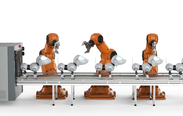 Photo 犬用ロボットを製造する3dレンダリングロボット組立ライン
