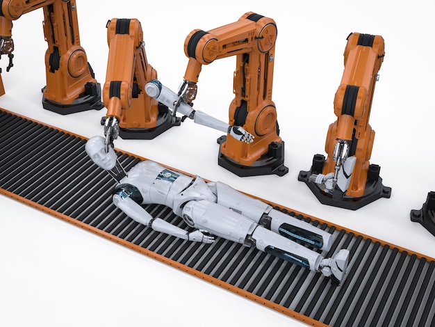 3d rendering robot assembly line producing cyborg in factory